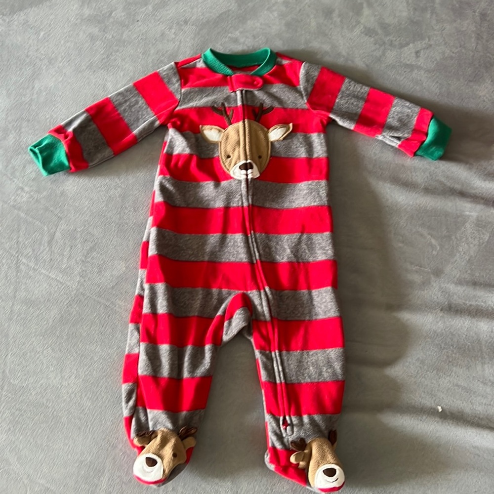 Gray and red stripes reindeer fleece pajamas. 6 months. Carter's.